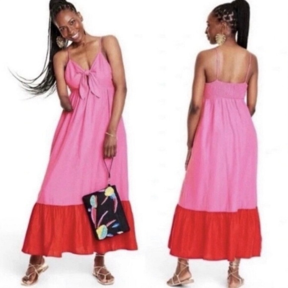 tabitha brown pink and red dress Tabitha Brown For Target Pink/Red Tie Front Sleeveless Midi Dress Size XS  EUC